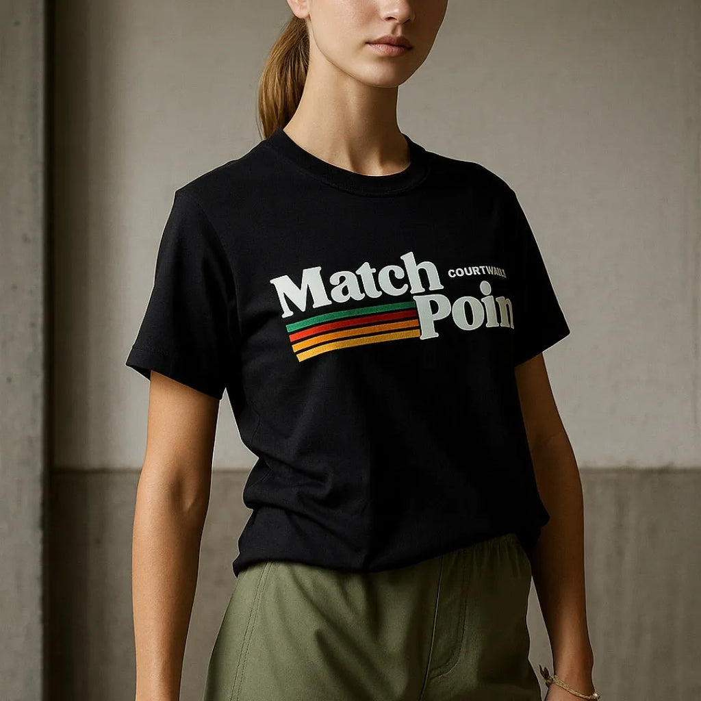 Black men's short sleeve tee shirt with a printed text pattern on the front.