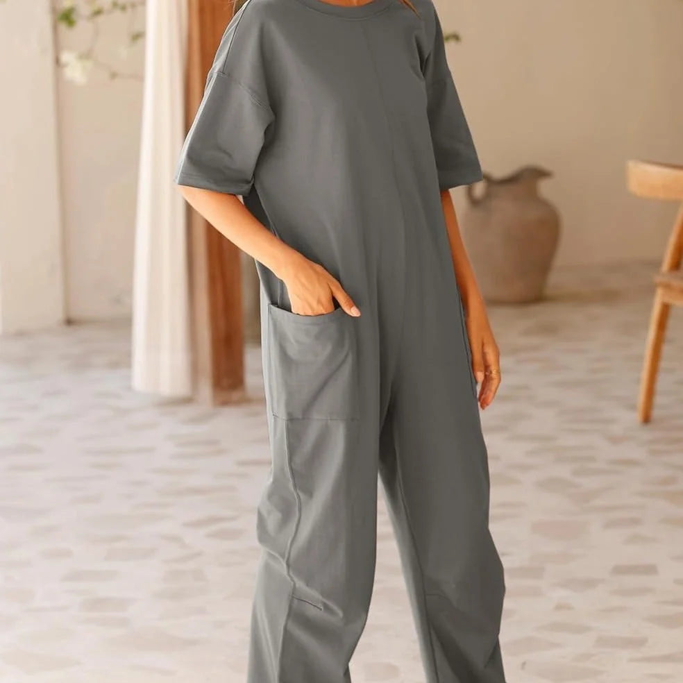 Women's stretch V-neck jumpsuit with pockets in various colours