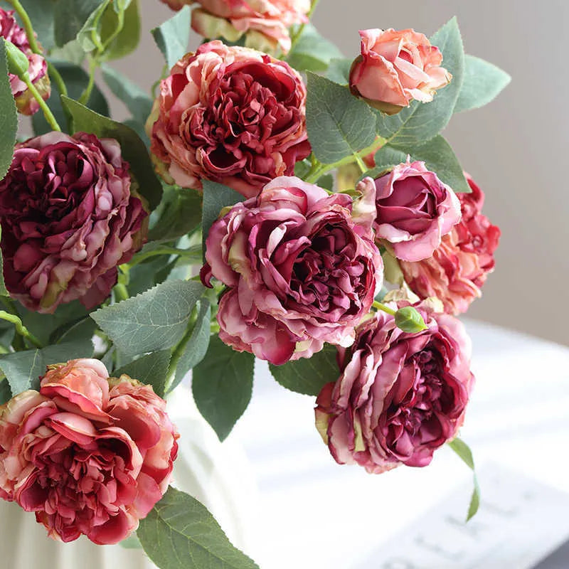 Three-head artificial silk rose with baked edge finish in beige for wedding decor and home decoration