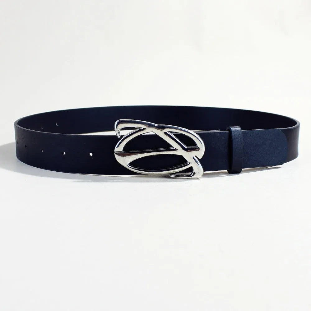 Men's casual silver buckle belt with snap button on a 105cm long, 3.3cm wide PU leather strap.