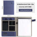 Black leather A4 business folder open to show pen loop, notepad holder, and rigid construction.