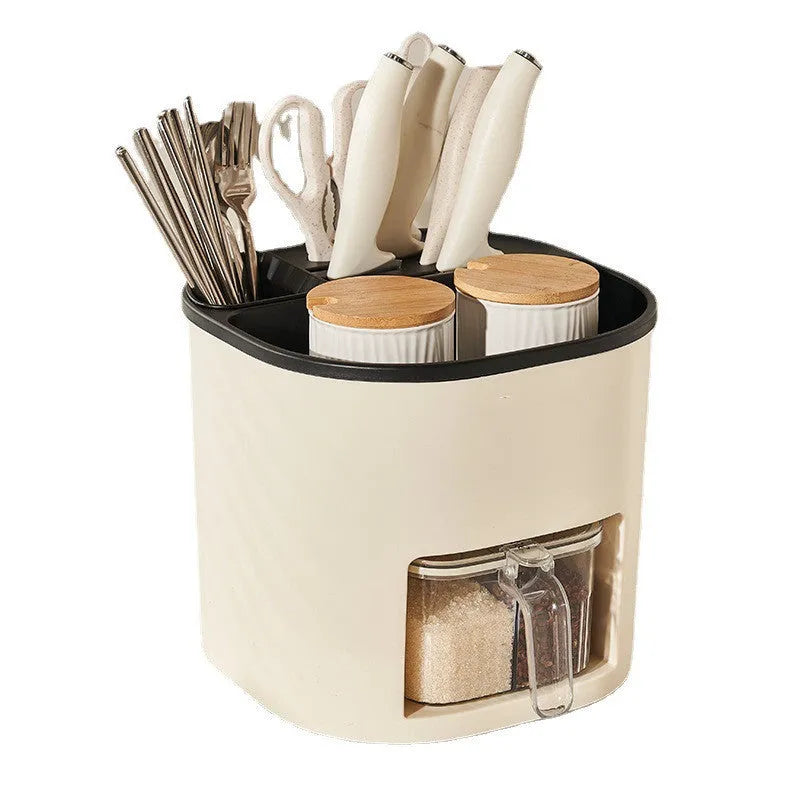 White rotating kitchen storage bucket set with a separate four-compartment spice box for cutlery and utensil organisation.