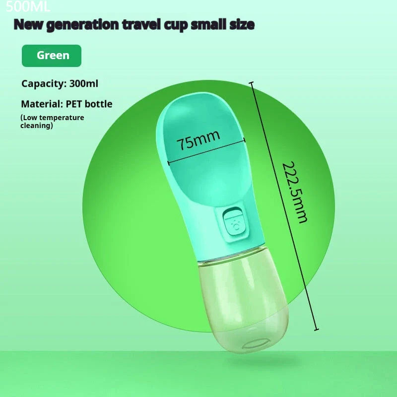 Portable Dog Water Bottle Feeder for outdoor adventures, available in blue, pink, green, and grey.