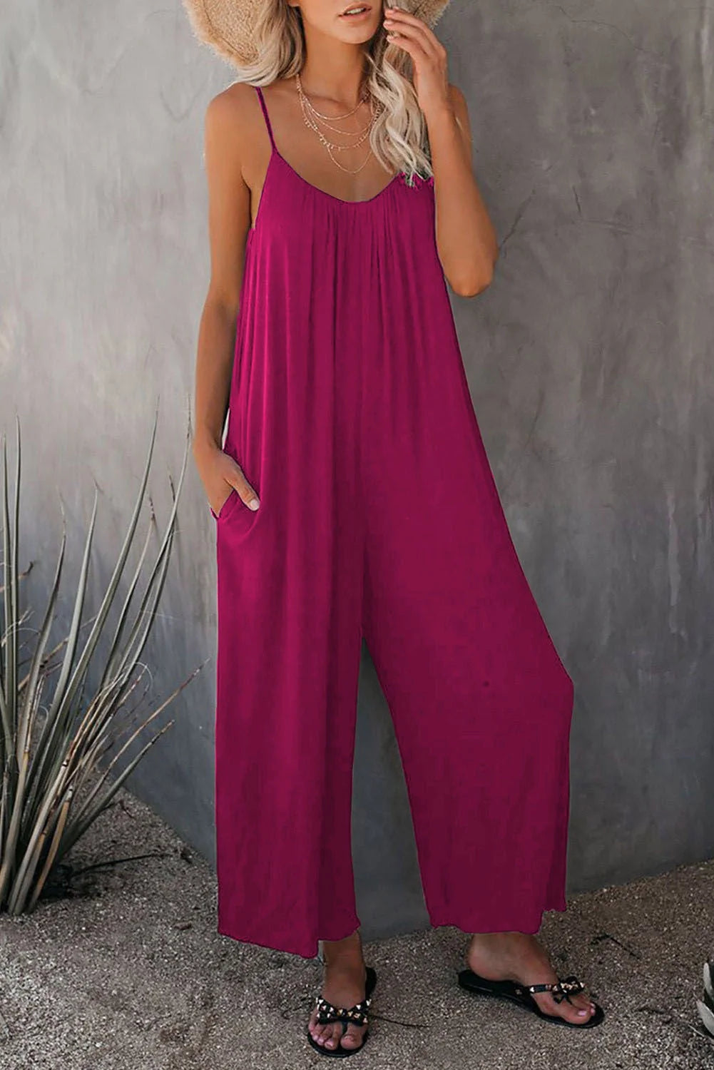 Women's sleeveless cotton blend jumpsuit with pockets, available in multiple colours