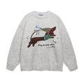 Gray American retro round neck sweater with Christmas hat puppy embroidery design for teenagers, loose fit, polyester fabric