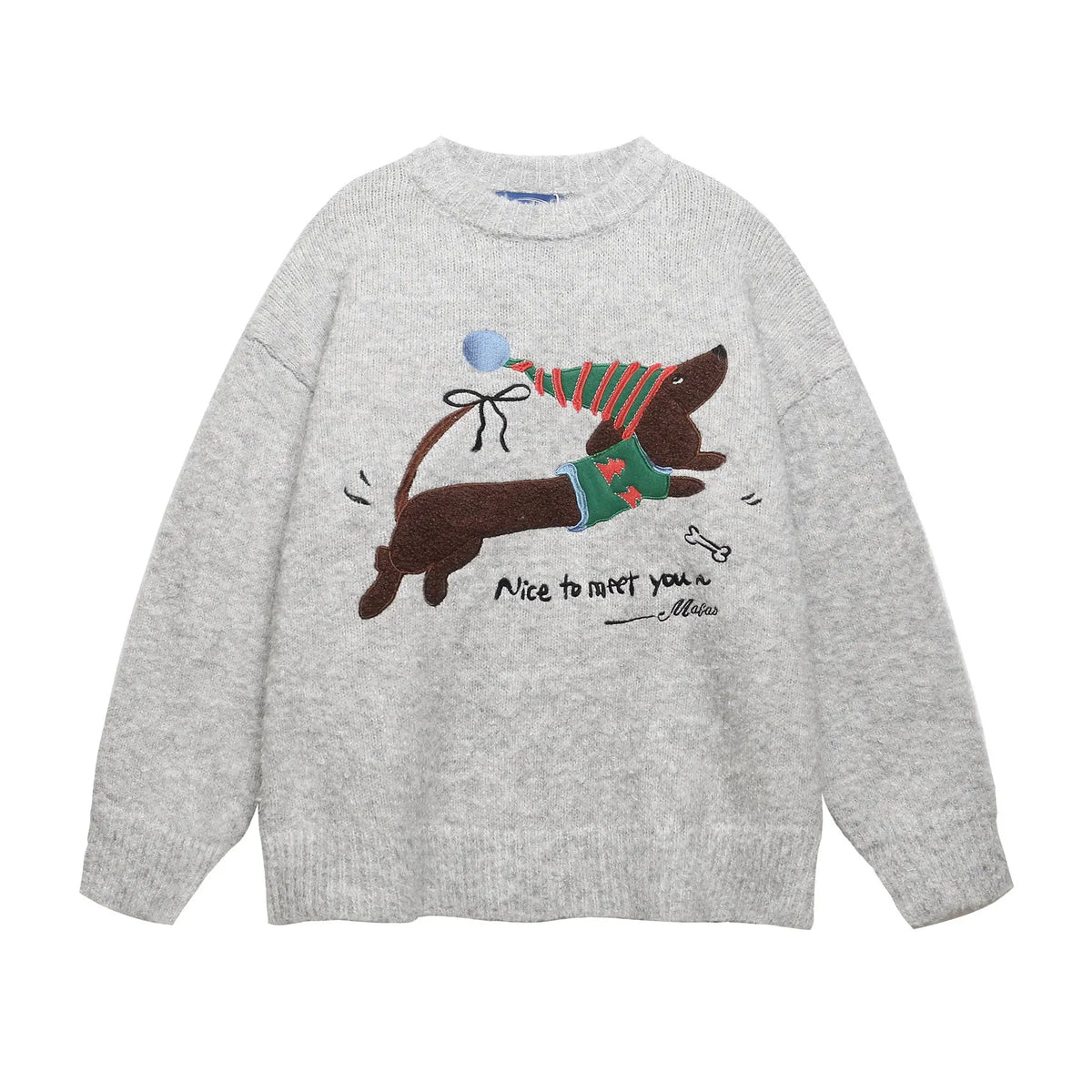 Gray American retro round neck sweater with Christmas hat puppy embroidery design for teenagers, loose fit, polyester fabric