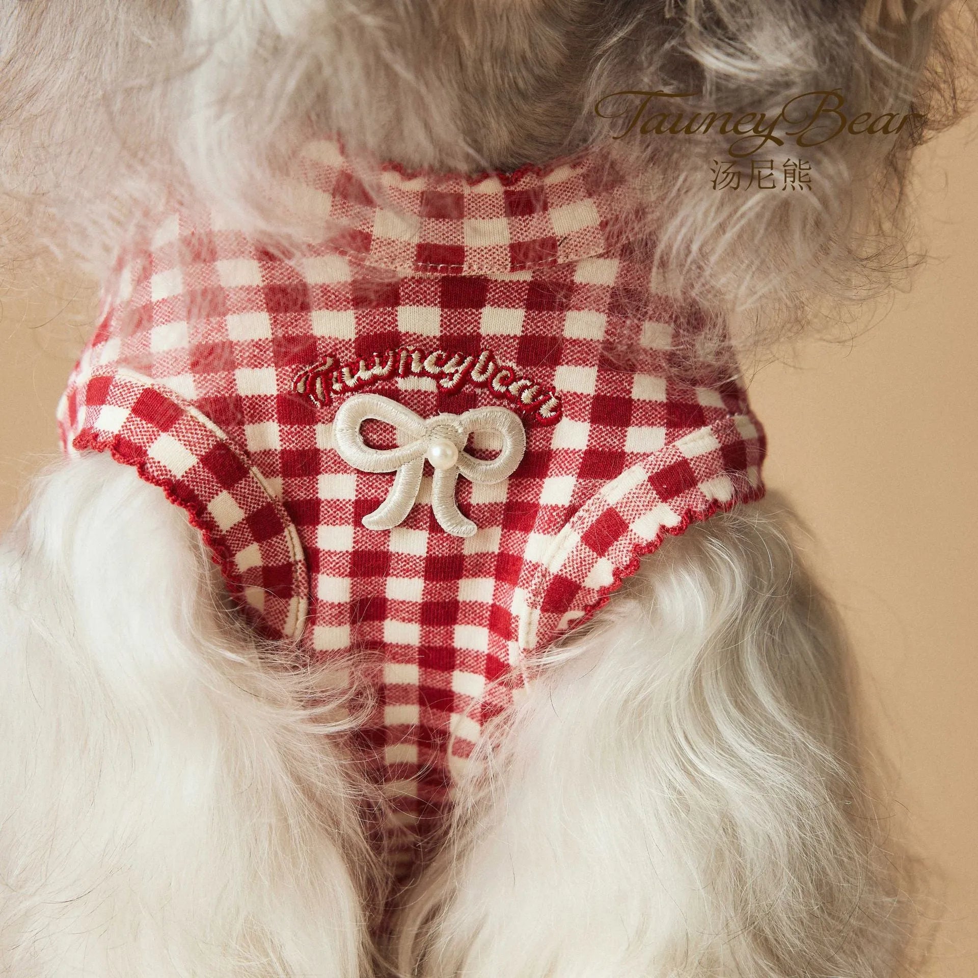 Red plaid sleeveless cotton spandex vest for small dogs on white background
