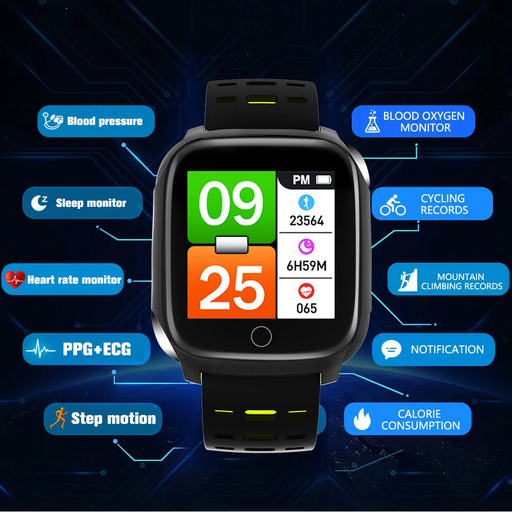 F16 Smart Watch with ECG, blood pressure, and heart rate monitoring on a 43mm IPS screen.