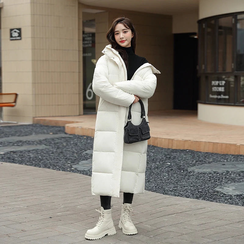 Women's super long winter puffer coat in black, dark red, white, and khaki with hood
