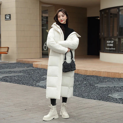 Women's super long winter puffer coat in black, dark red, white, and khaki with hood