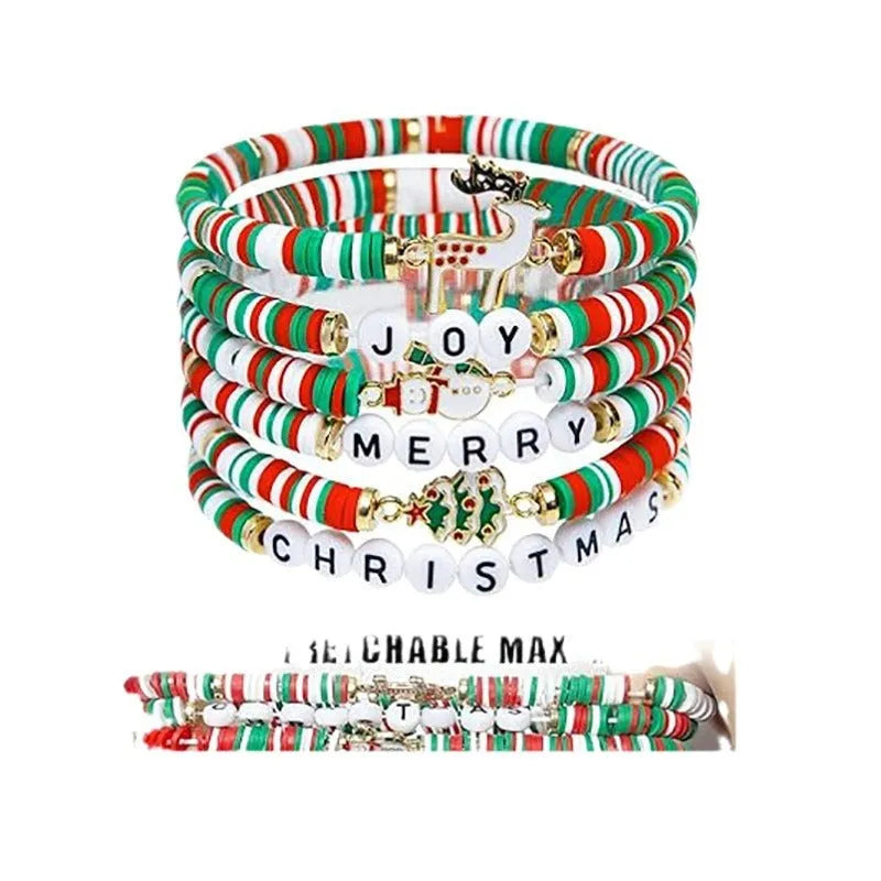 Christmas 6-pack cute elk polymer clay and alloy bracelets in green and red for women's cartoon deer jewellery set