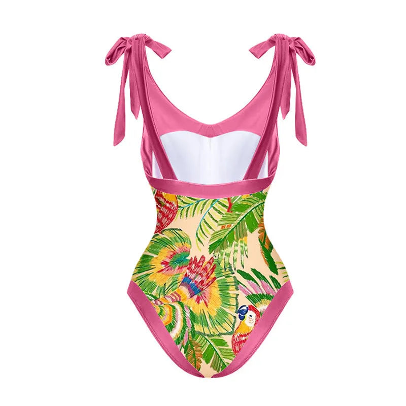 Women's pink retro one-piece swimsuit with V-neck, backless design and thin skirt cover
