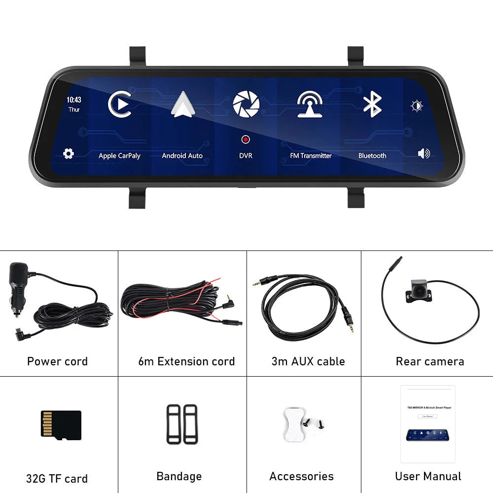 9.66-inch HD in-mirror car dash cam and video player with reverse camera and mounting brackets