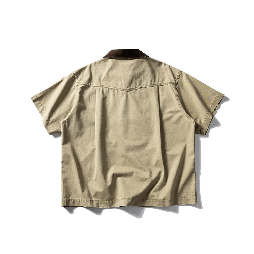 Men's khaki cotton short-sleeve loose-fit overalls cardigan shirt on a hanger
