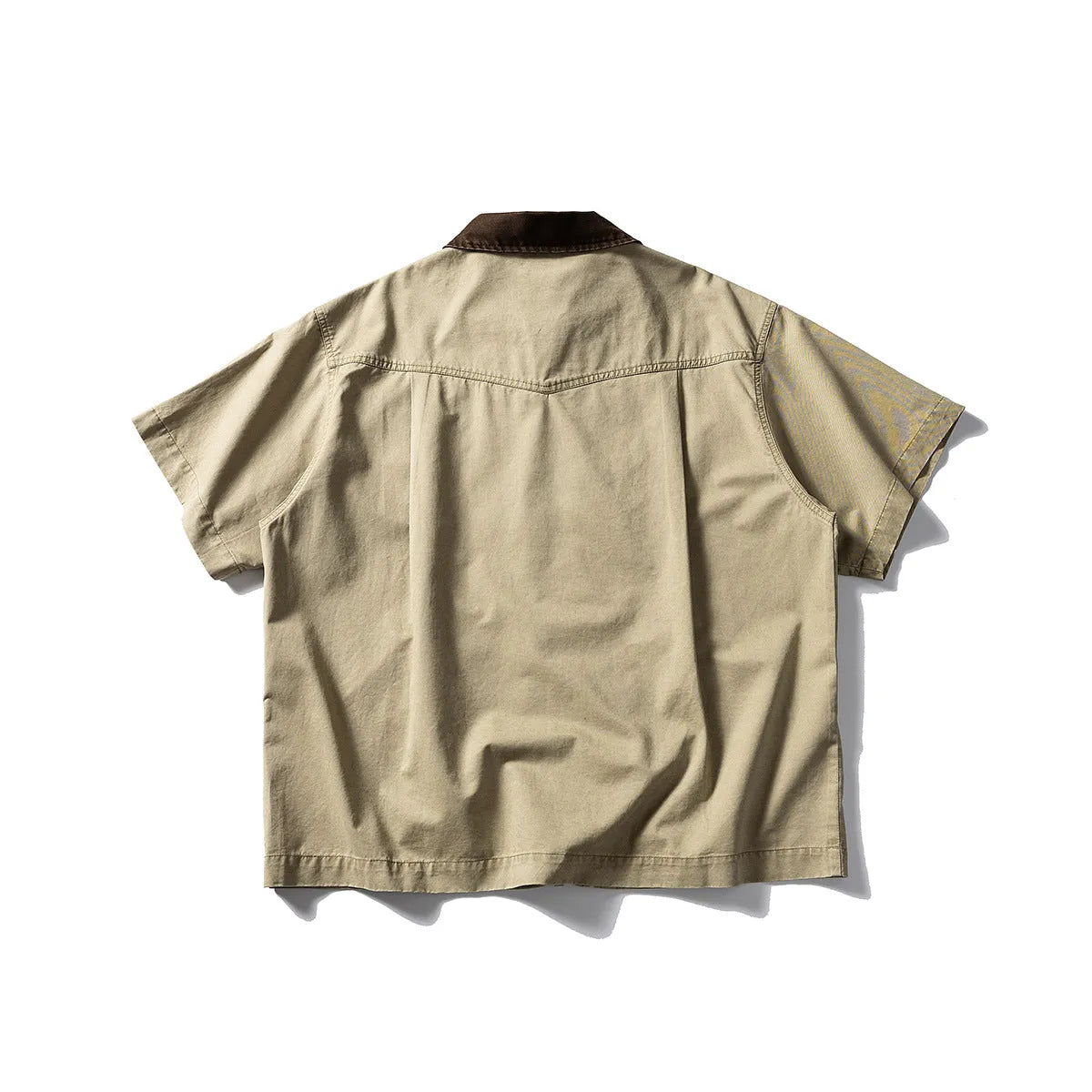 Men's khaki cotton short-sleeve loose-fit overalls cardigan shirt on a hanger