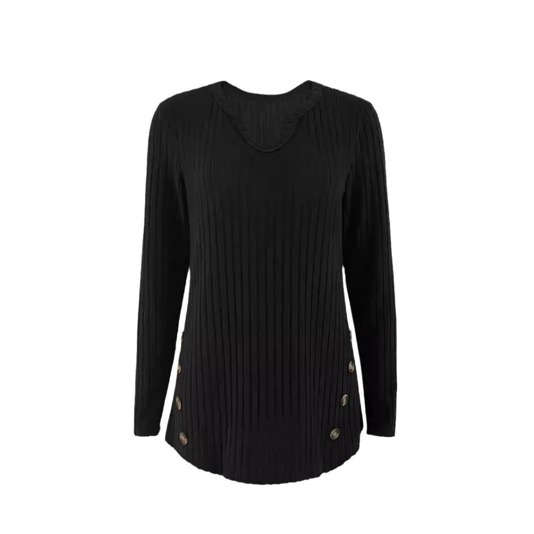 A simple solid-colour knitted button sweater in grey green, shown on a hanger.