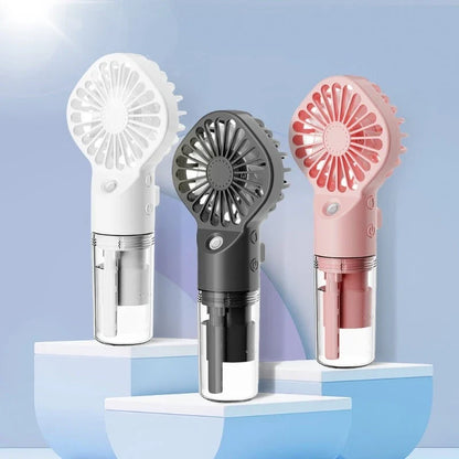 Powerful mini fan with mist humidification feature, delivering icy-cool, hydrating airflow for refreshing comfort