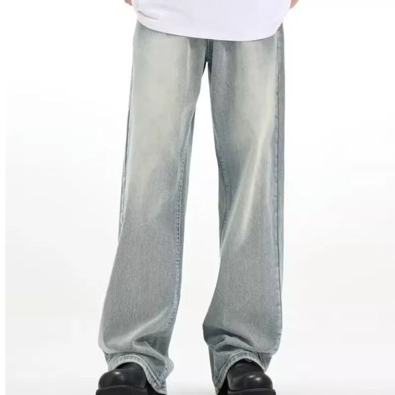 Blue retro loose-fit casual trousers made from rabbit fur fabric on a neutral background.