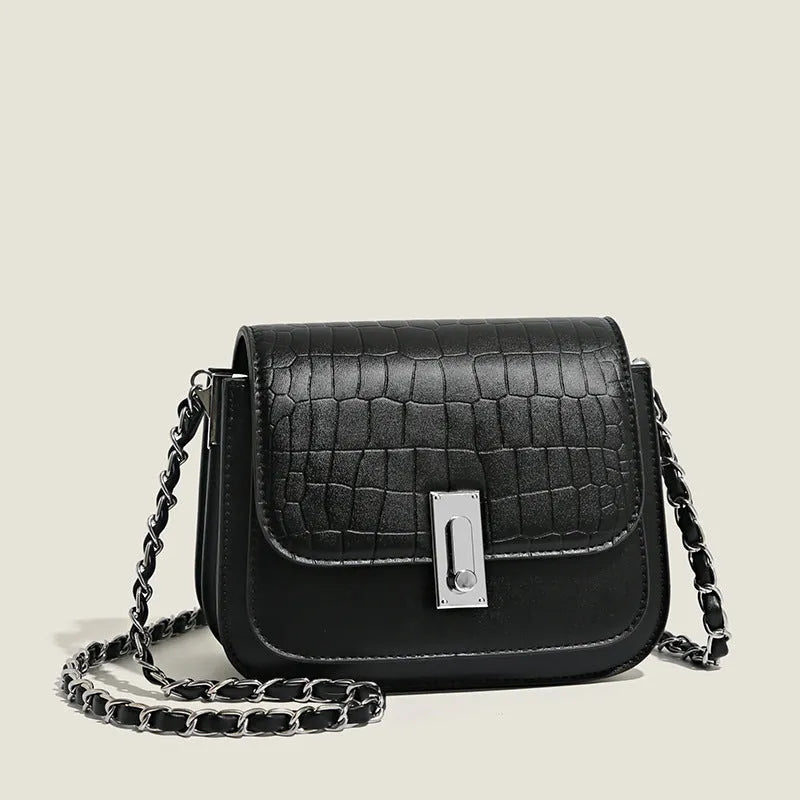Soft black PU women's chain shoulder bag with sewing thread detail and a phone pocket.