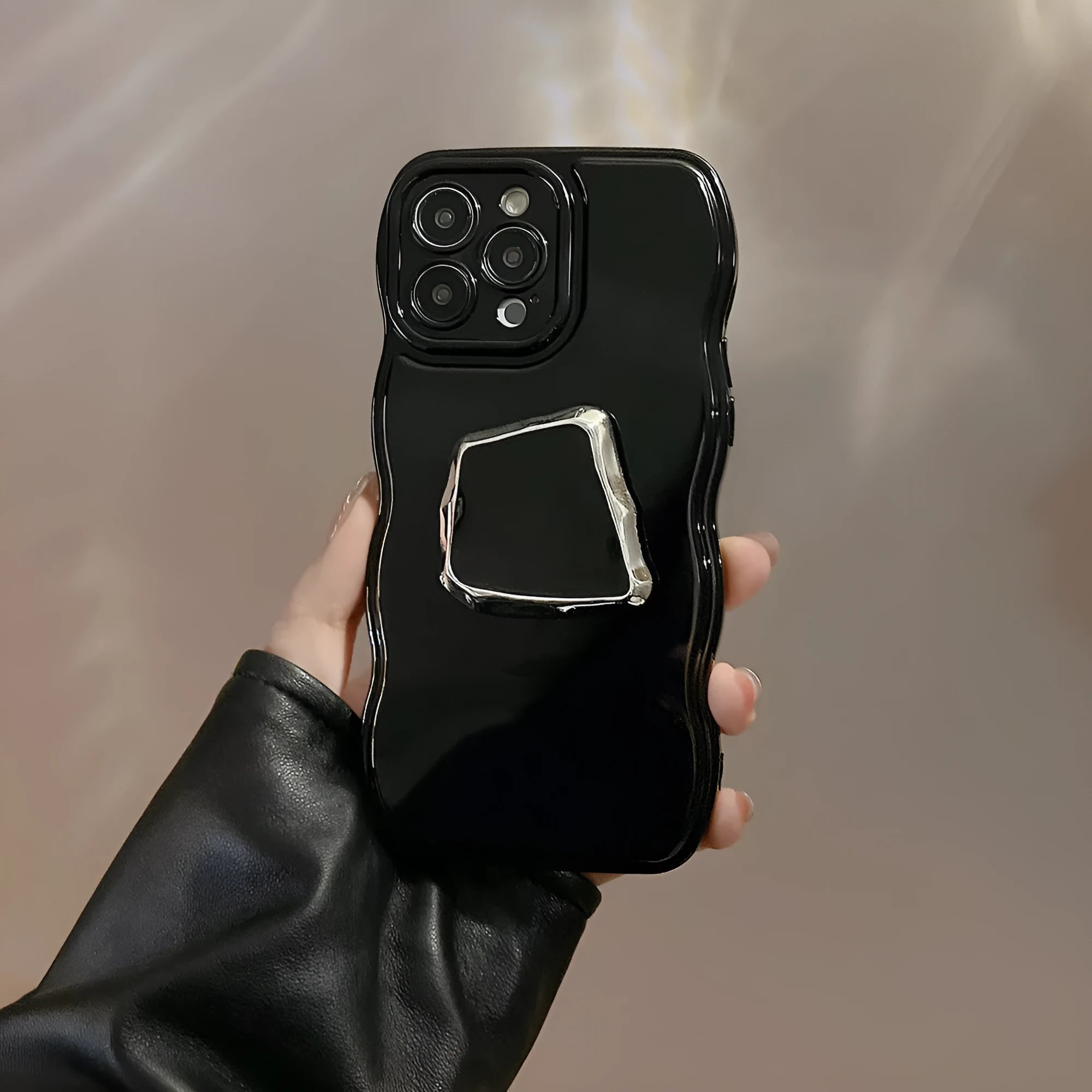 Black TPU metallic phone case with geometric bracket for Apple iPhone