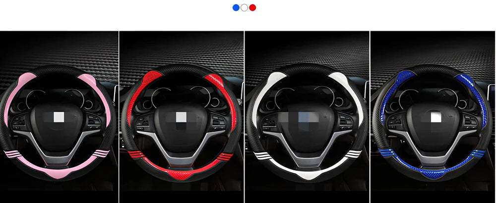 Cute cat steering wheel cover in carbon fibre black with blue accents for 38cm diameter, imitation leather material