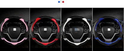 Cute cat steering wheel cover in carbon fibre black with blue accents for 38cm diameter, imitation leather material