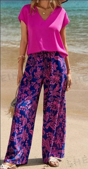 Women's V-Neck Top and Botanical Print Pants Set in woven fabric