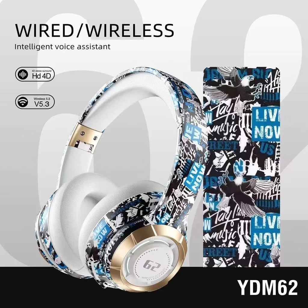 Bluetooth headphone head-mounted skull graffiti design in black with over-ear fit and ABS build