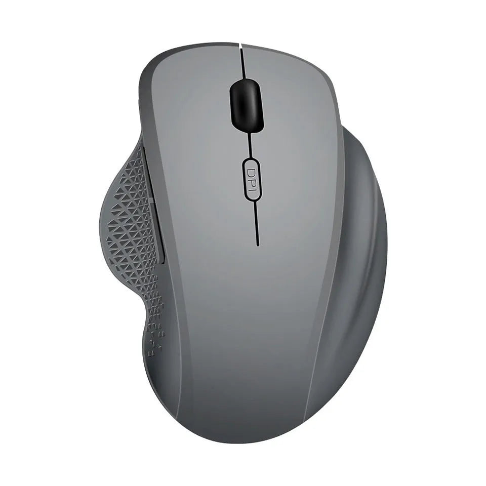 Black or grey wireless laptop mouse with USB charging cable on white background