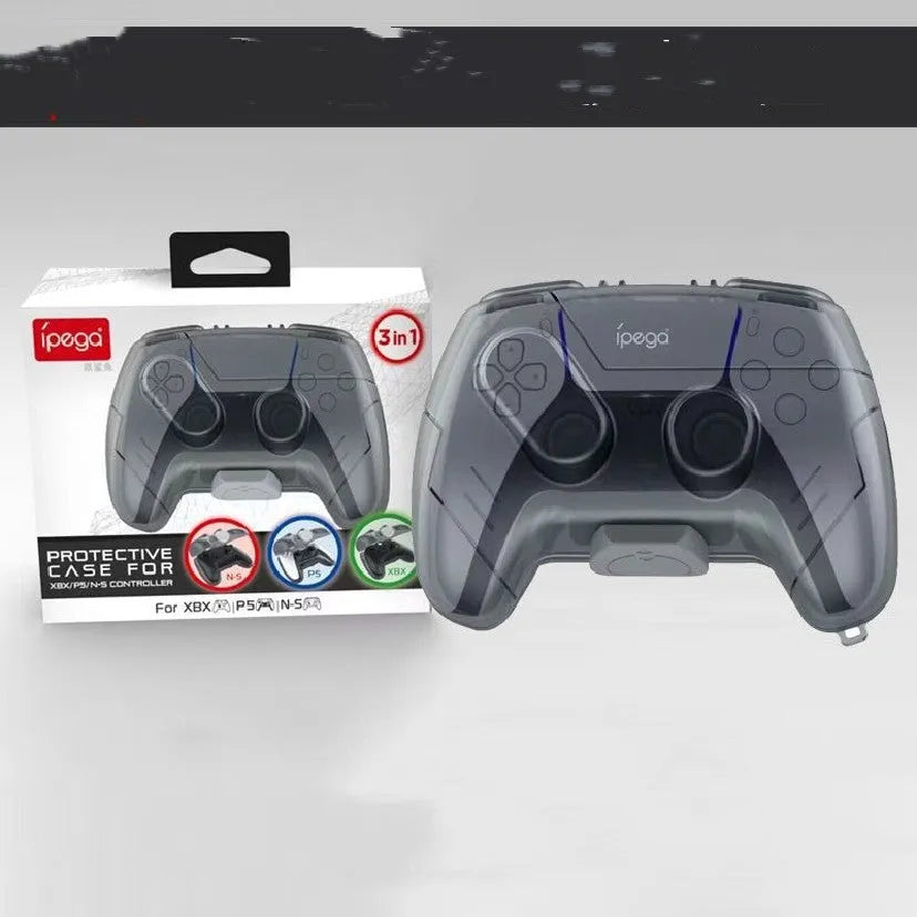 Transparent grey hard plastic game controller protection and storage case.