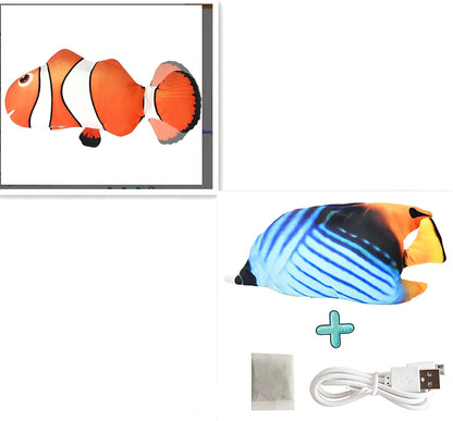Electric flopping fish cat toy in clownfish design, 30cm long, USB rechargeable with touch sensor for play activation
