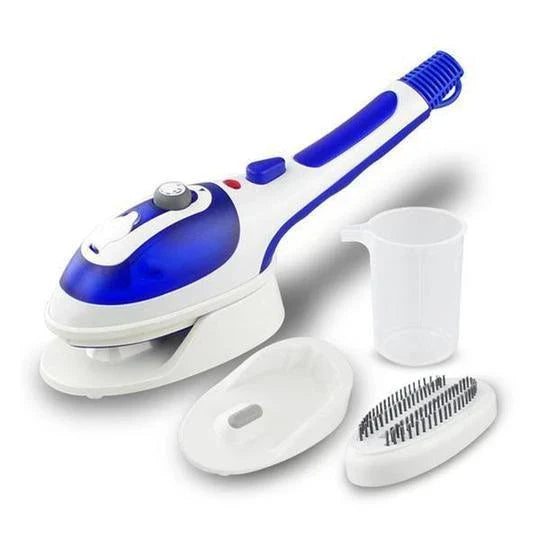 Portable handheld steam iron with multi-directional steam nozzle and compact, lightweight design for efficient fabric refreshing