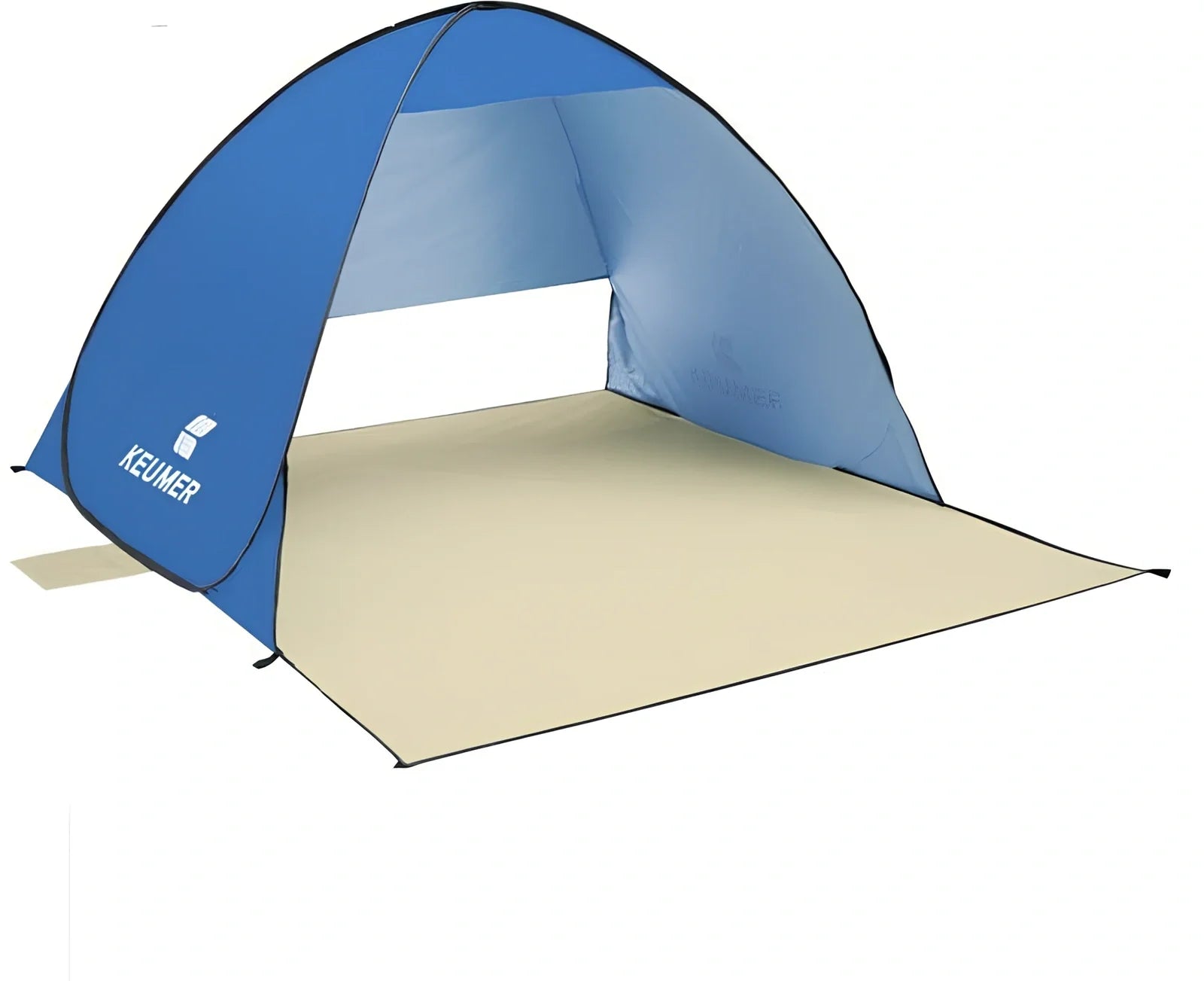 Blue automatic pop-up beach tent with silver-coated UV fabric and stakes for two-person shade