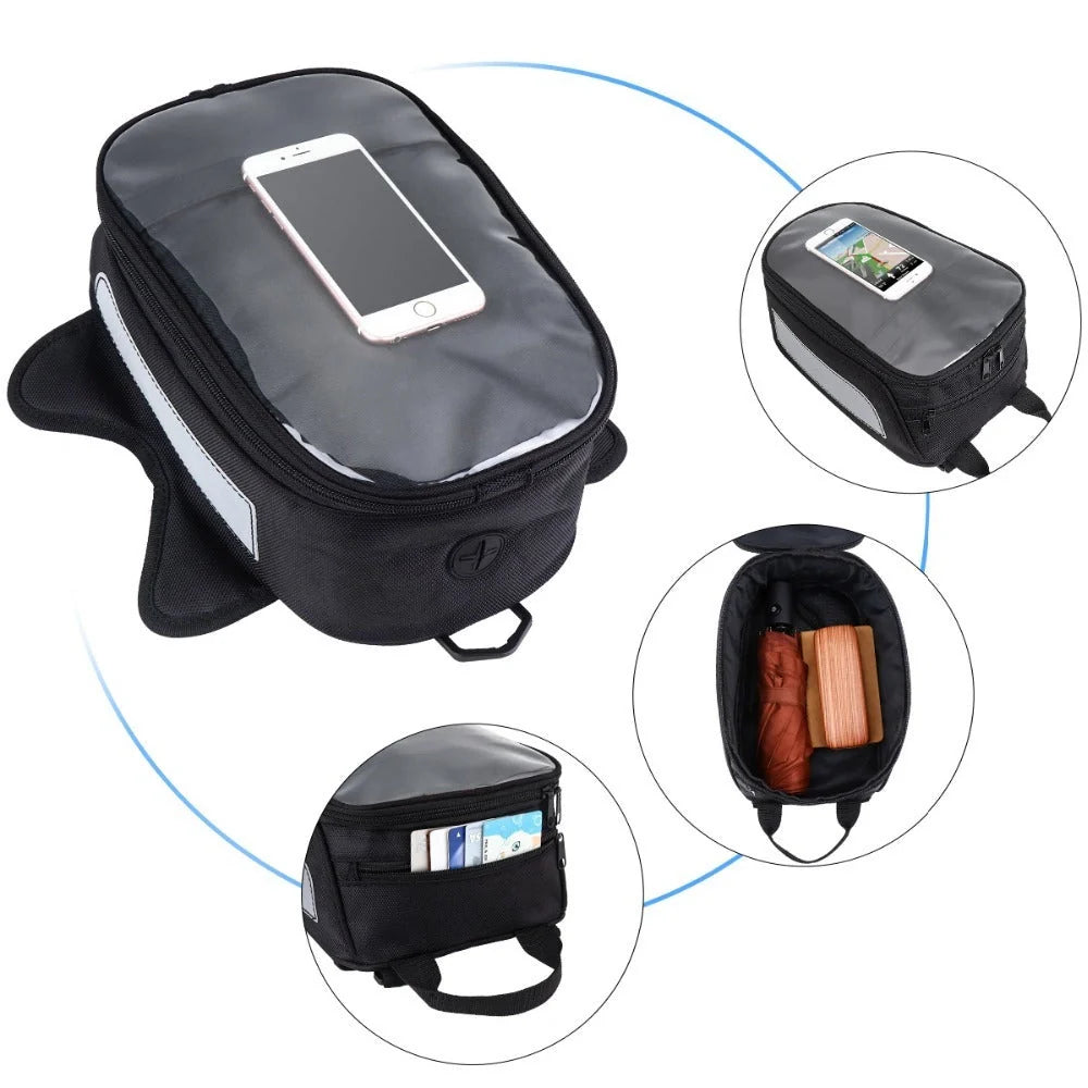 Black waterproof magnetic motorcycle fuel tank bag with reflective strips for safety