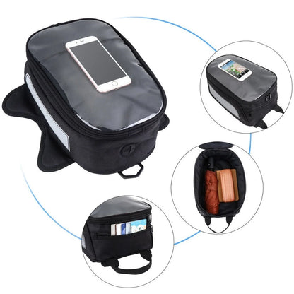 Black waterproof magnetic motorcycle fuel tank bag with reflective strips for safety