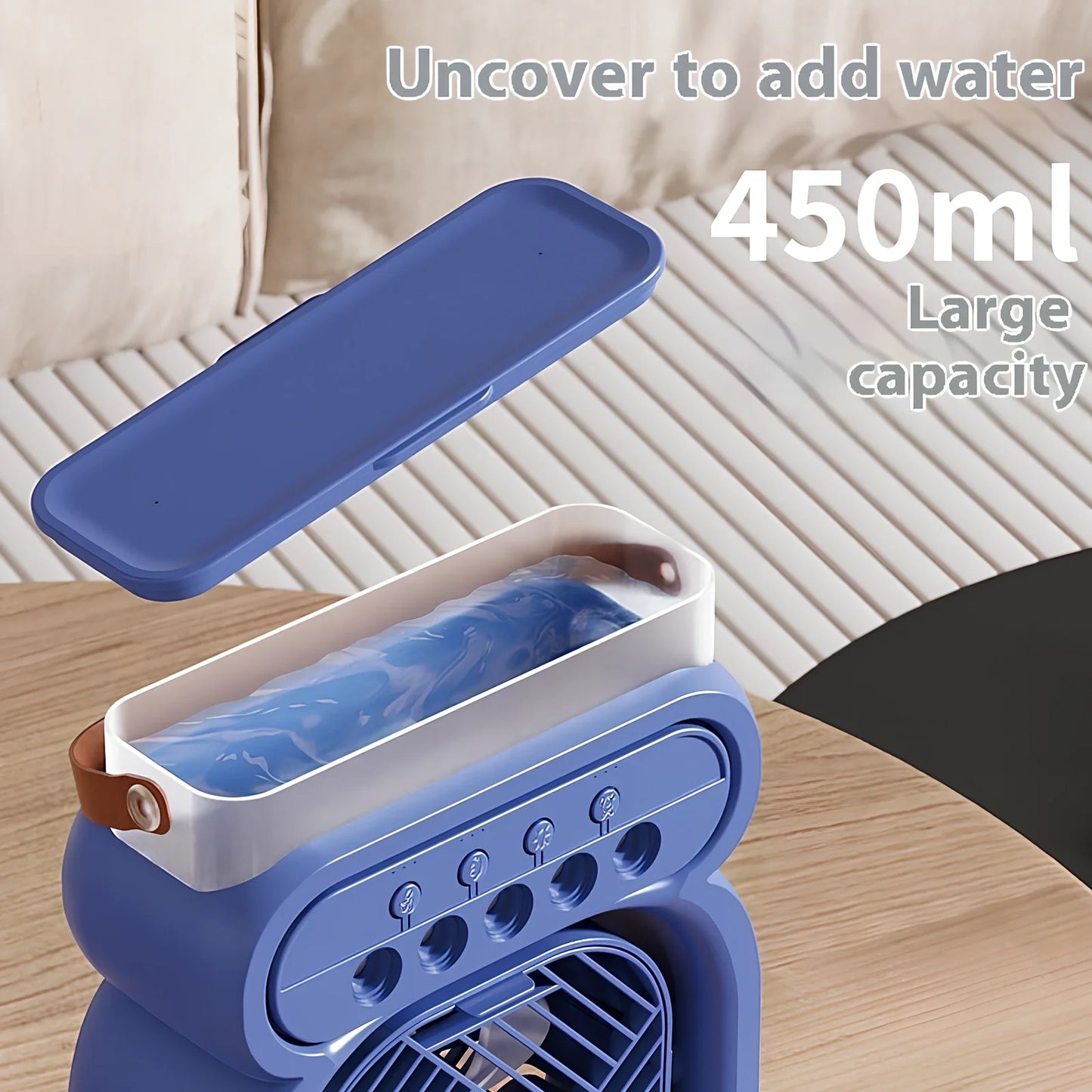 Black 3-in-1 portable USB air cooler with 7-colour LED lights, 170x75x240mm, showing water tank and speed controls