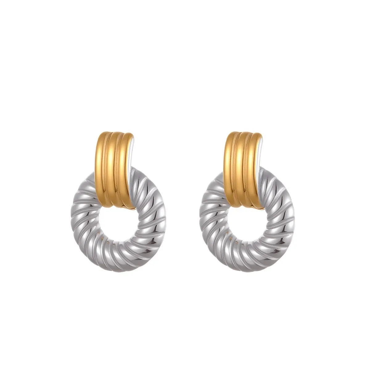 Stainless steel geometric earrings with 18K electroplating, gold and silver colour matching, round ring line design for women