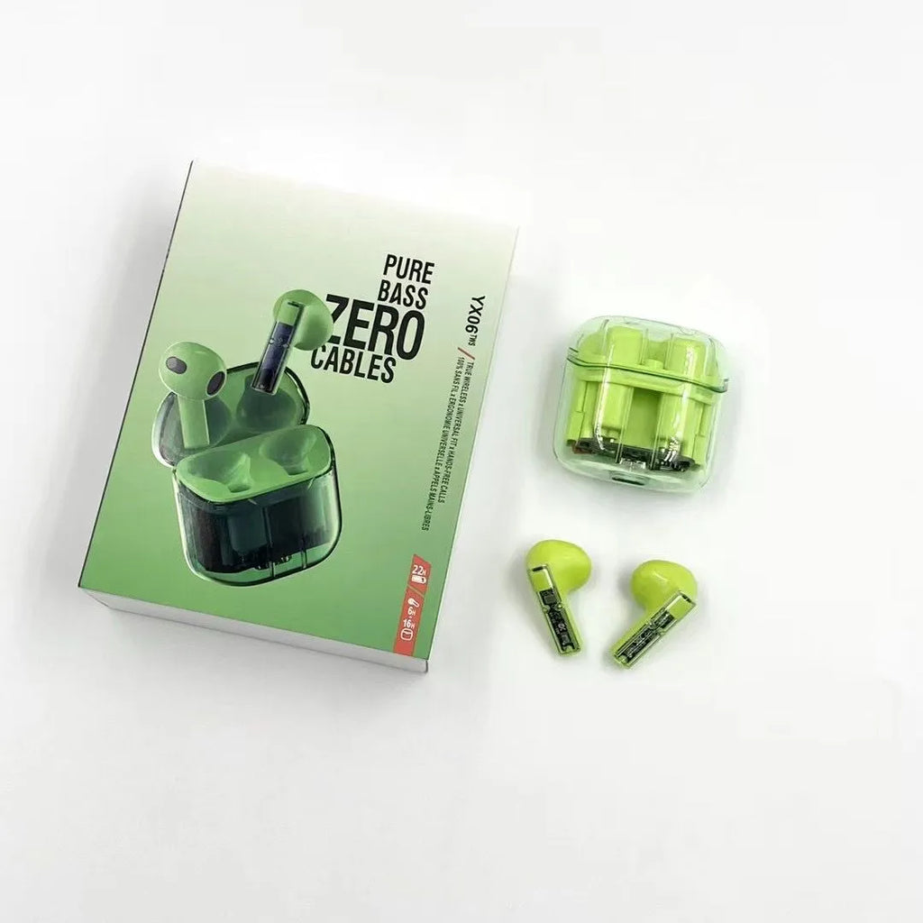 YX06 transparent TWS wireless headphones in four colours: white, black, orange, green.