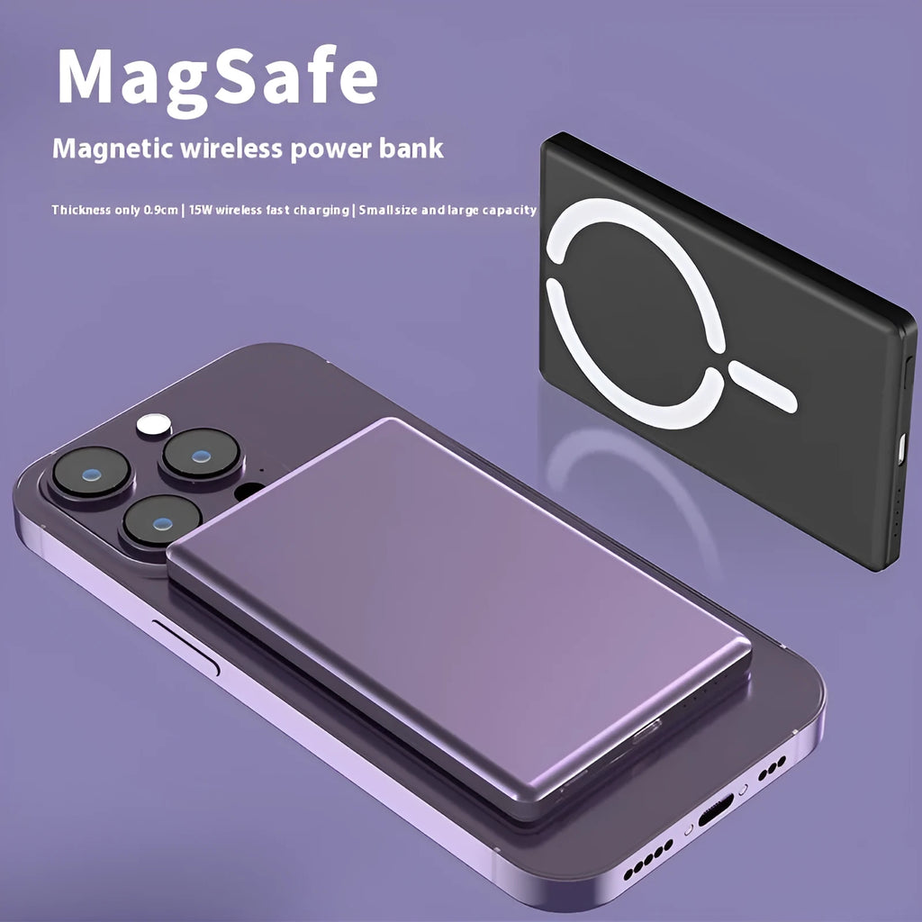 Ultra-thin 9mm magnetic power bank in aluminium alloy with 10000mAh capacity for iPhone wireless charging