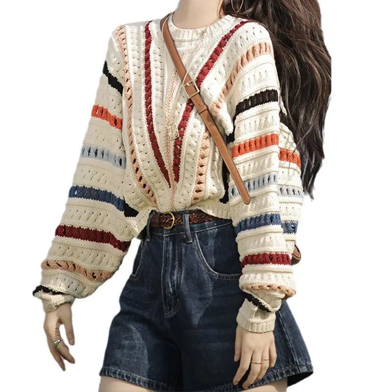 Retro rainbow striped hollow knit sweater with batwing sleeves and colourful thread detailing