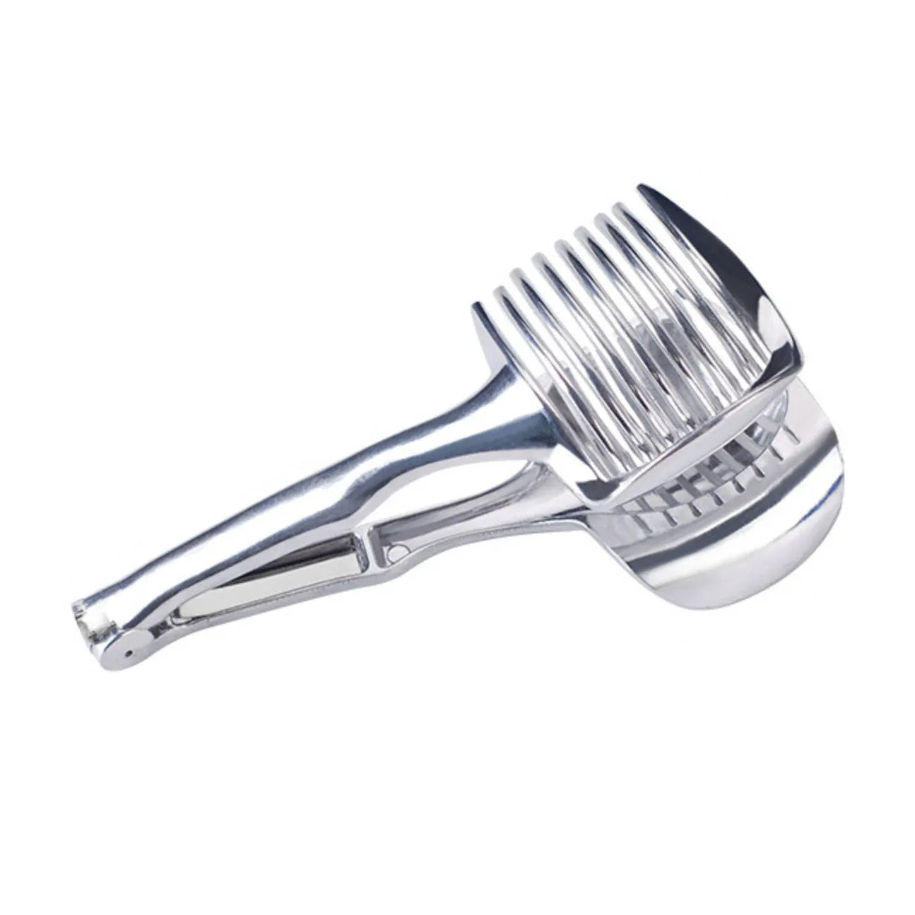 Silver foldable lemon slicer kitchen tool with stainless steel cutting blades