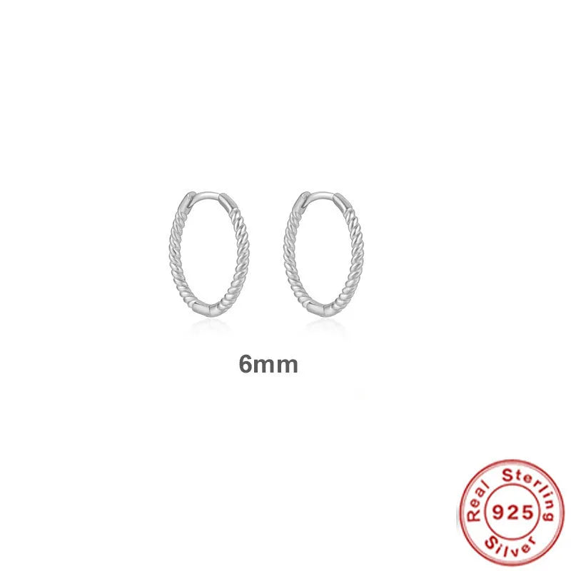 S925 sterling silver twisted string round ring earrings in multiple sizes from 6mm to 13mm diameter