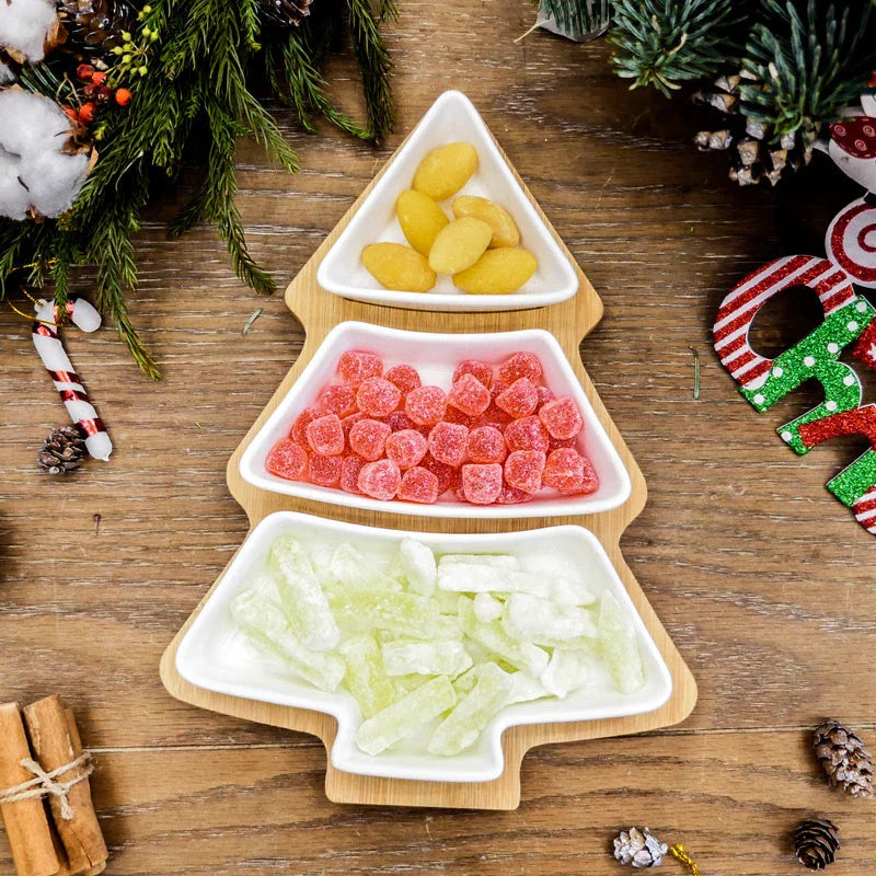 4-piece set of Christmas tree-themed ceramic plates in white and pink colors, perfect for holiday dining and entertaining