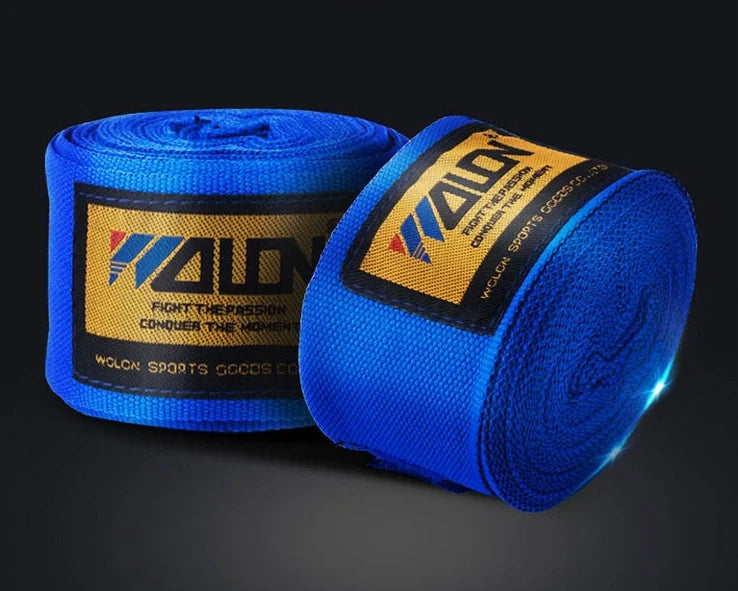 Cotton boxing hand wraps showing 2.5-metre length and 5cm width for martial arts training