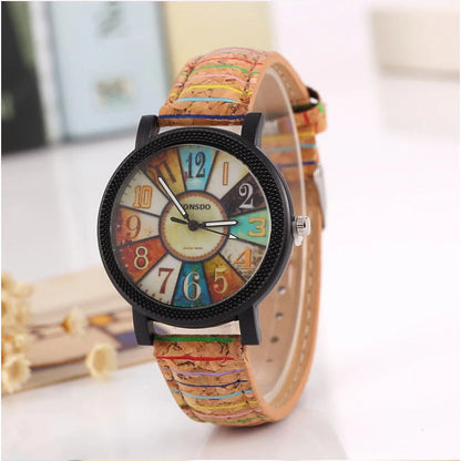 Casual vintage leather women's quartz wrist watch with round dial and stainless steel buckle