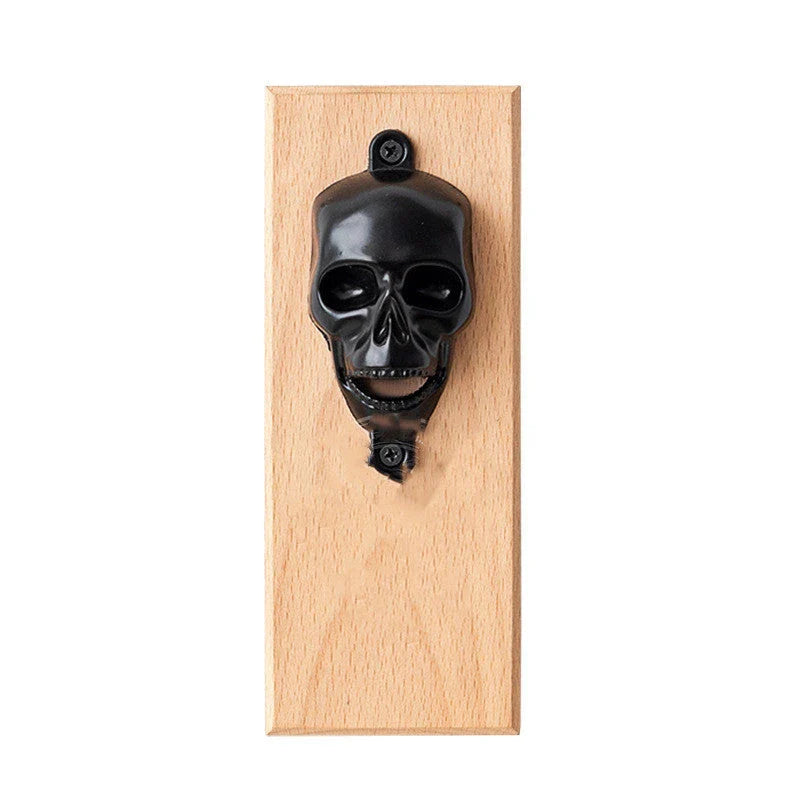 A skeleton-shaped bottle opener made of zinc alloy and solid wood, designed in New Zealand for easy wall-mounting and durable performance.