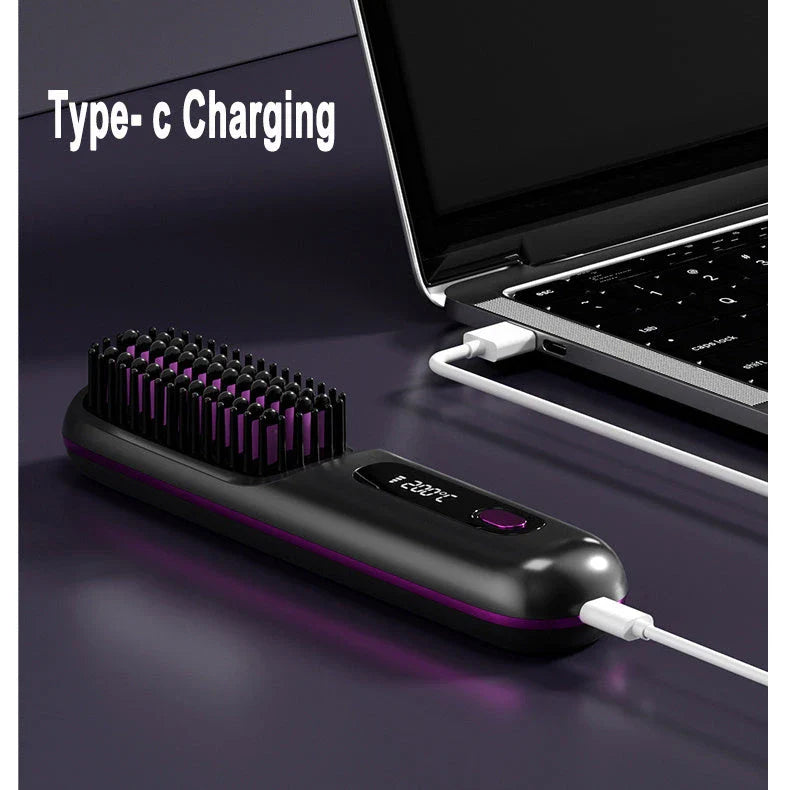 Cordless hair straightening brush with fast heating, long-lasting battery, and USB charging capabilities