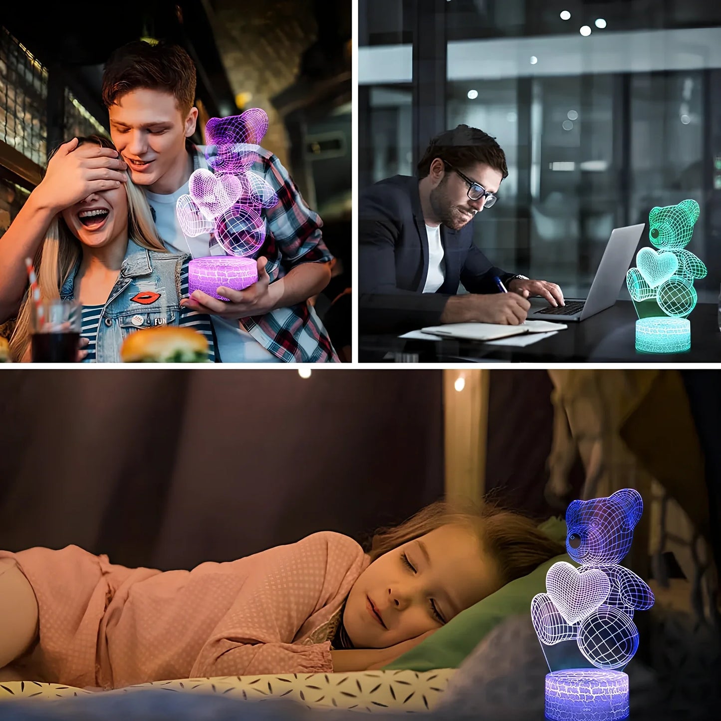 3D acrylic teddy bear LED night light with remote control and USB power cable