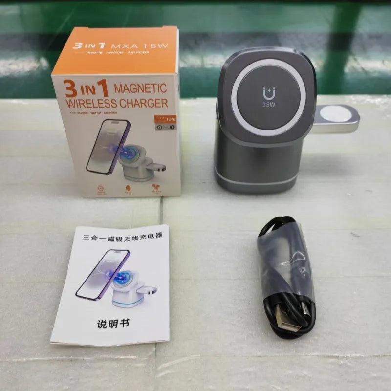 Three-in-one folding magnetic wireless fast charger for mobile earphone watch in Iron Grey