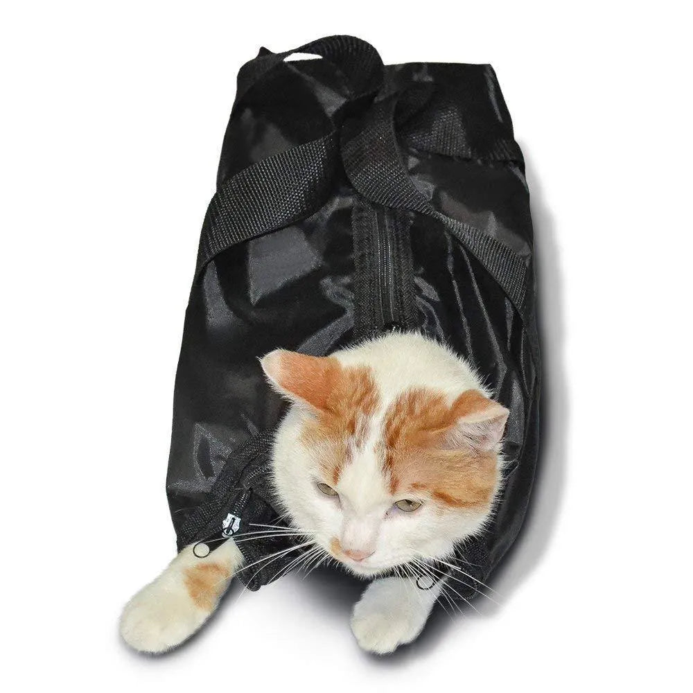 Black cat bath bag for grooming and veterinary care with folding capability